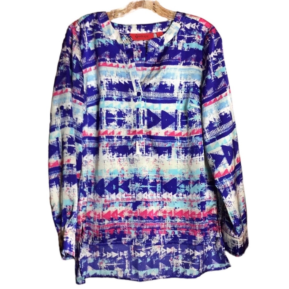 Belle Gray by Lisa Rinna Abstract Bold Bright Watercolor Arrow Blouse Size Small